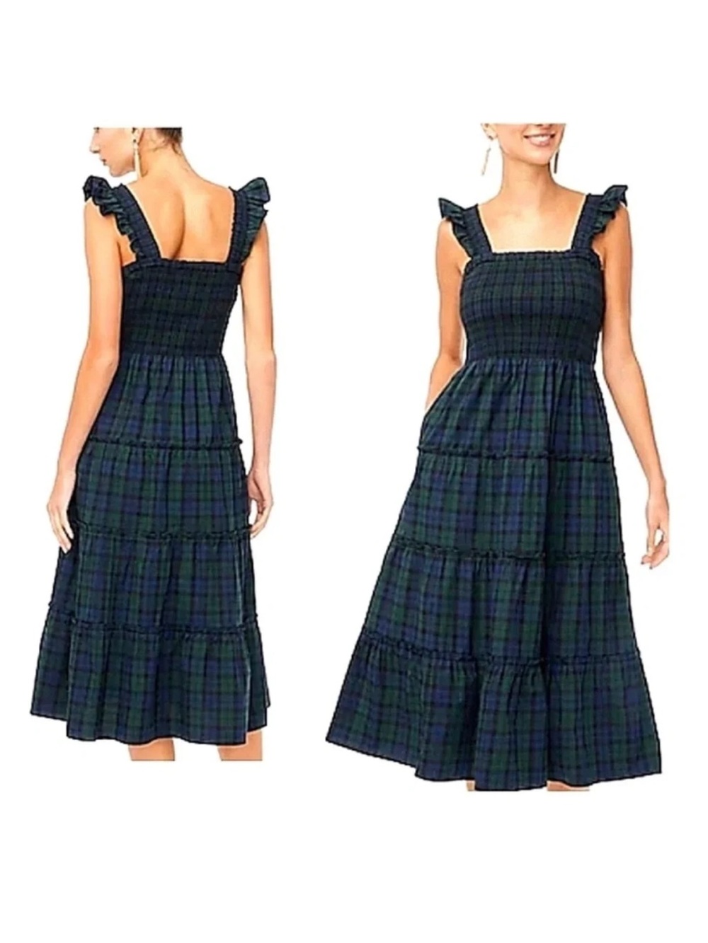 J.Crew Midi Dress Green Tartan Plaid Smocked Poplin Tiered Preppy Holiday SZ M